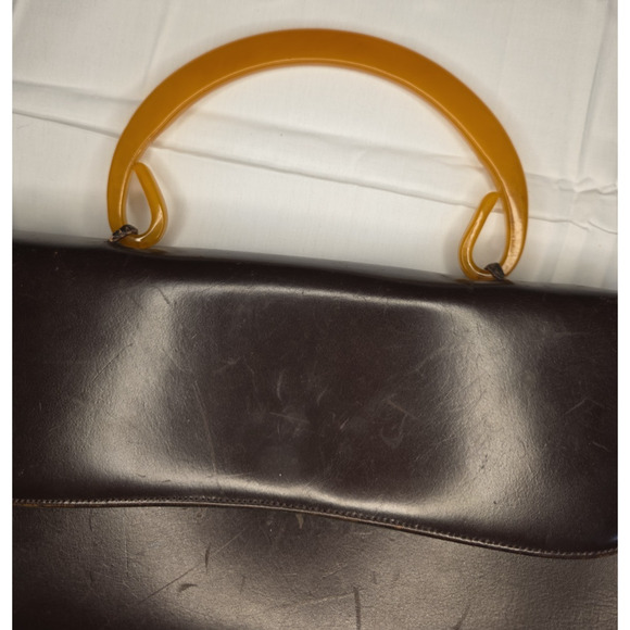 Vintage Brown Handbag Purse — Amber Bakelite-Style Handle Classic Mid-Century - Picture 1 of 3